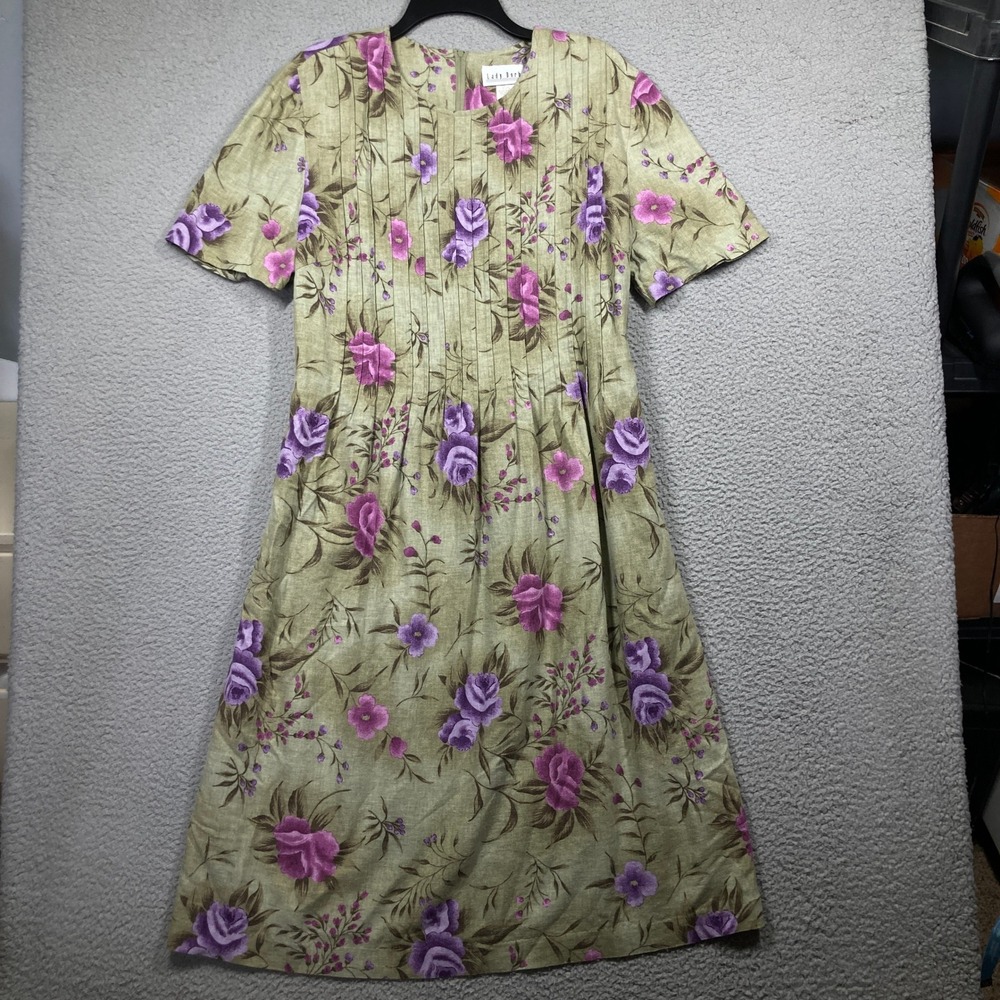 Lady Derby Floral Midi Dress Womens 18W Green Purple Linen Blend Pleated Modest
